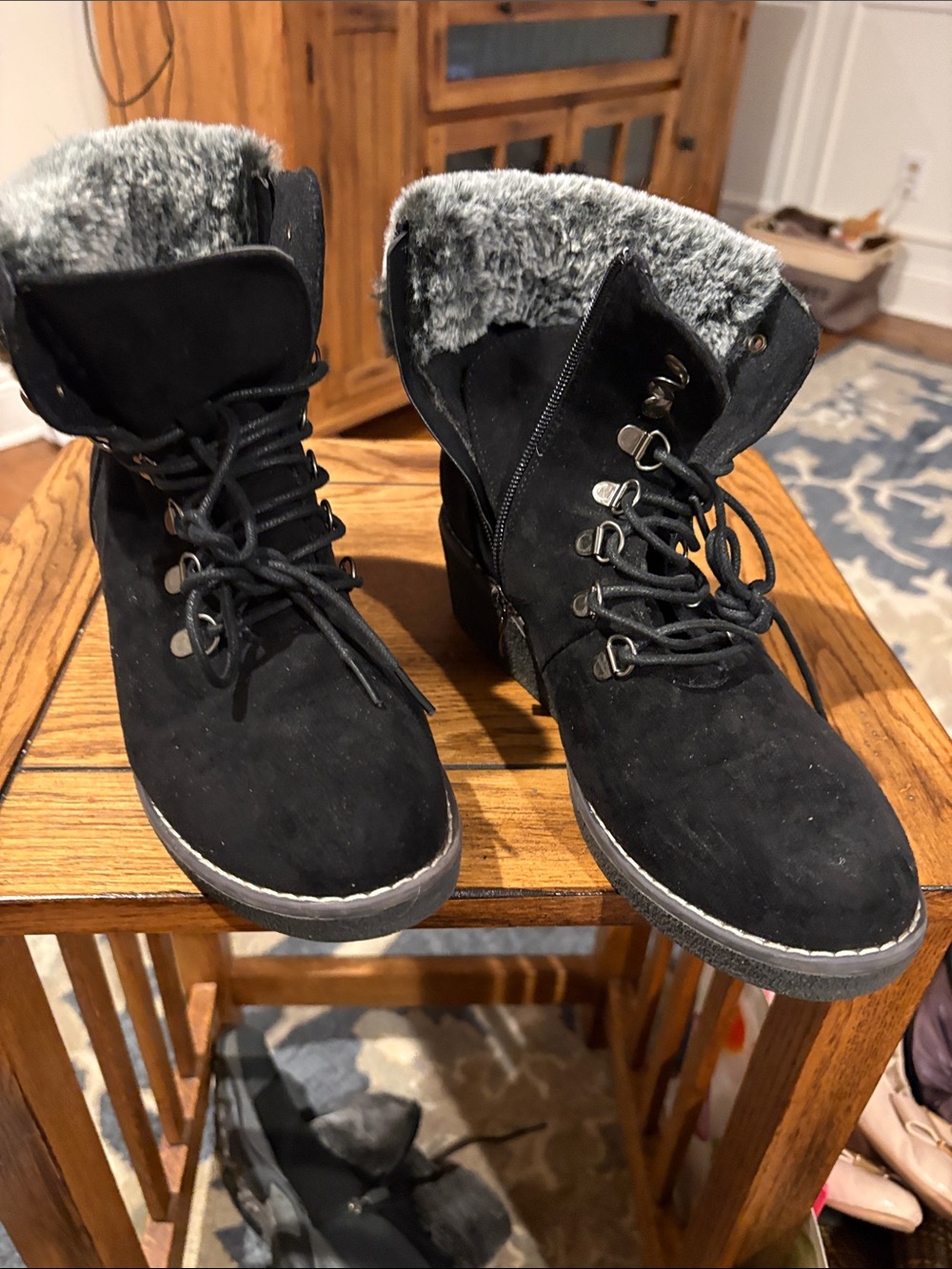 Corkys Black Faux-Fur Cuffed Lace-Up Ankle Boots
